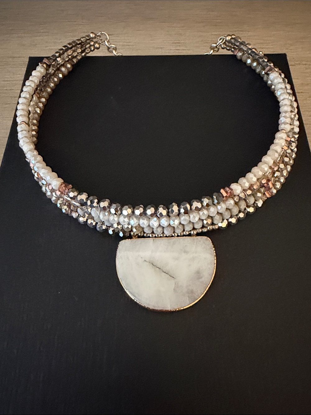 Beaded Neutral Stone Pendant Choker Necklace - Designer Style